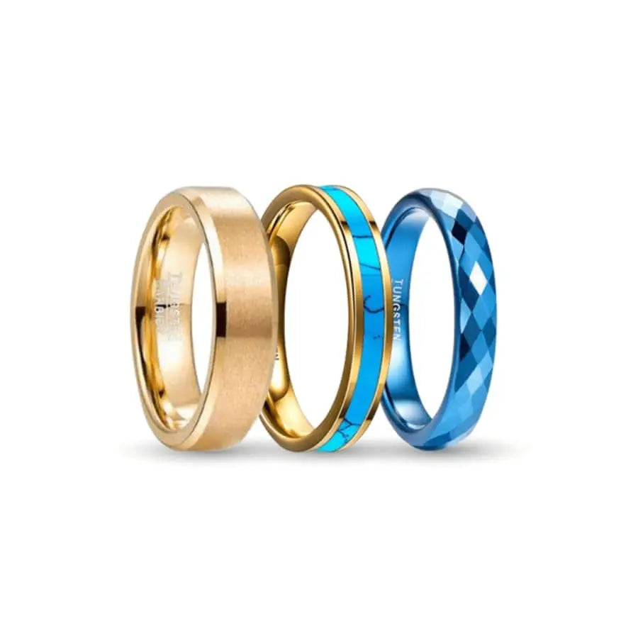 Gold, Turquoise and Blue Tungsten Carbide Rings