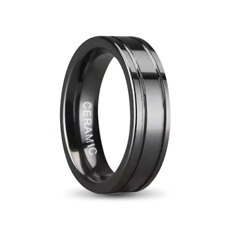 Black Ceramic Ring With Two Thin Groove Inlays