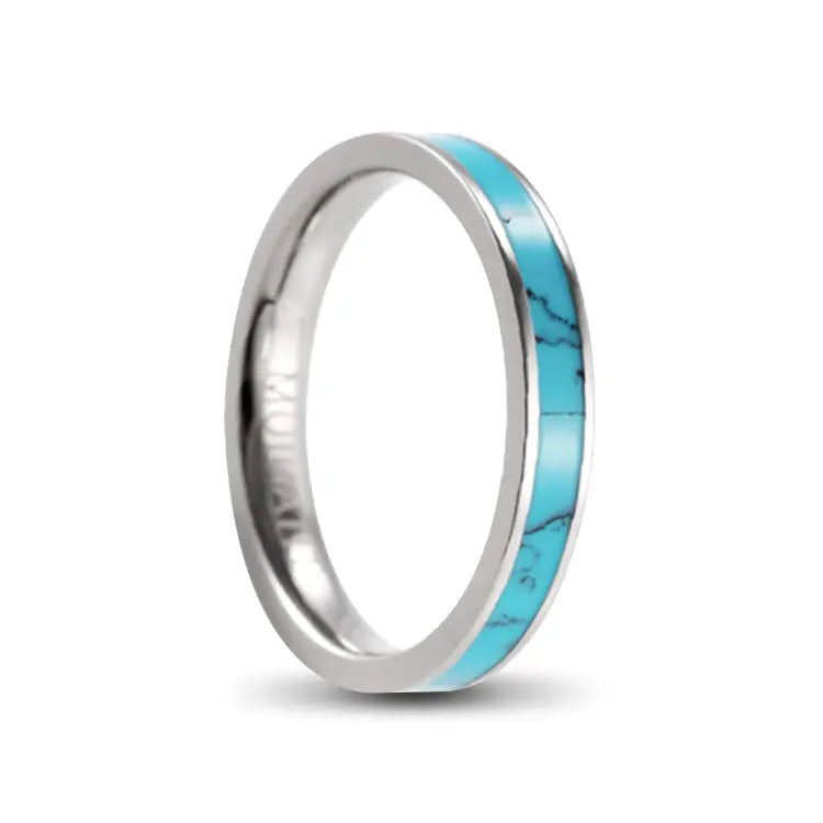 Polished Silver Ladies Titanium Ring With Turquoise Inlay on Outer