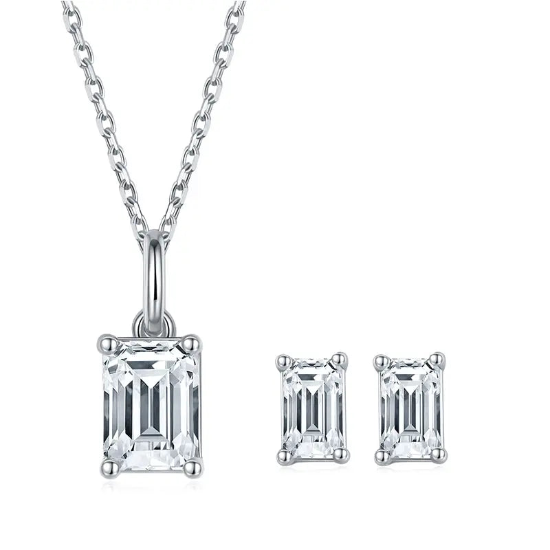 Sterling Silver Jewellery Set With D Color Emerald Cut Moissanite Stones Set in Prongs