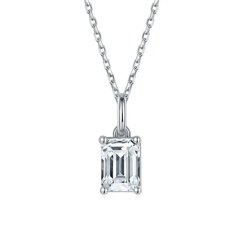 Sterling Silver Necklace With D Color Emerald Cut Moissanite Stone Set in Prongs