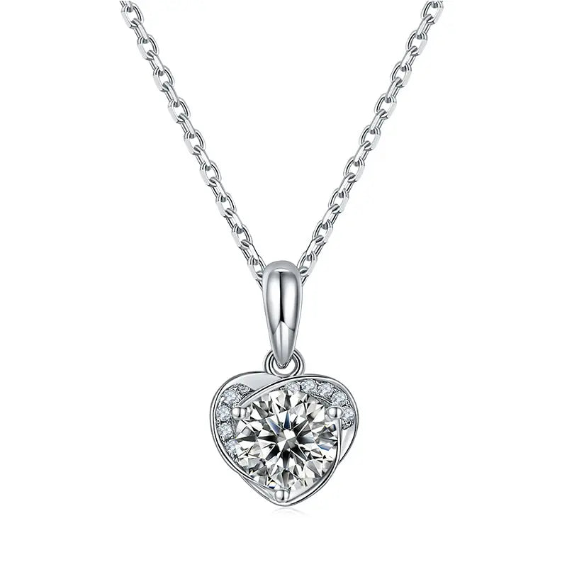 Sterling Silver Necklace With F Color Moissanite Stone Set in Heart Shape
