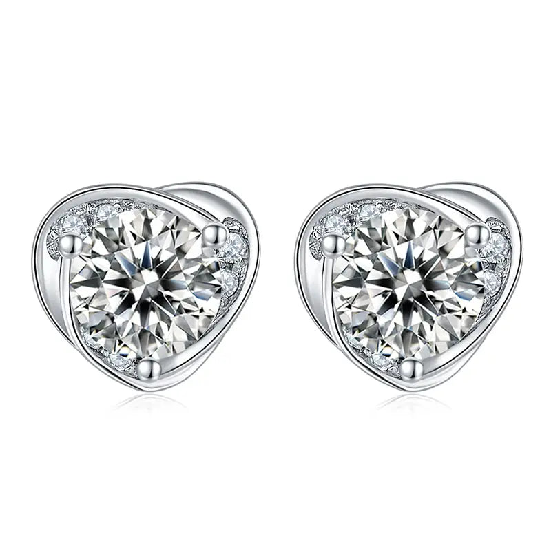 Sterling Silver Earrings With F Color Moissanite Stones Set in Heart Shape