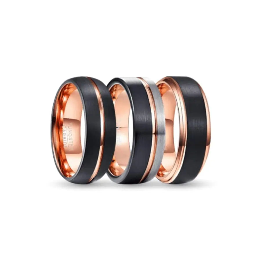 Black, Rose Gold and Silver Tungsten Carbide Rings
