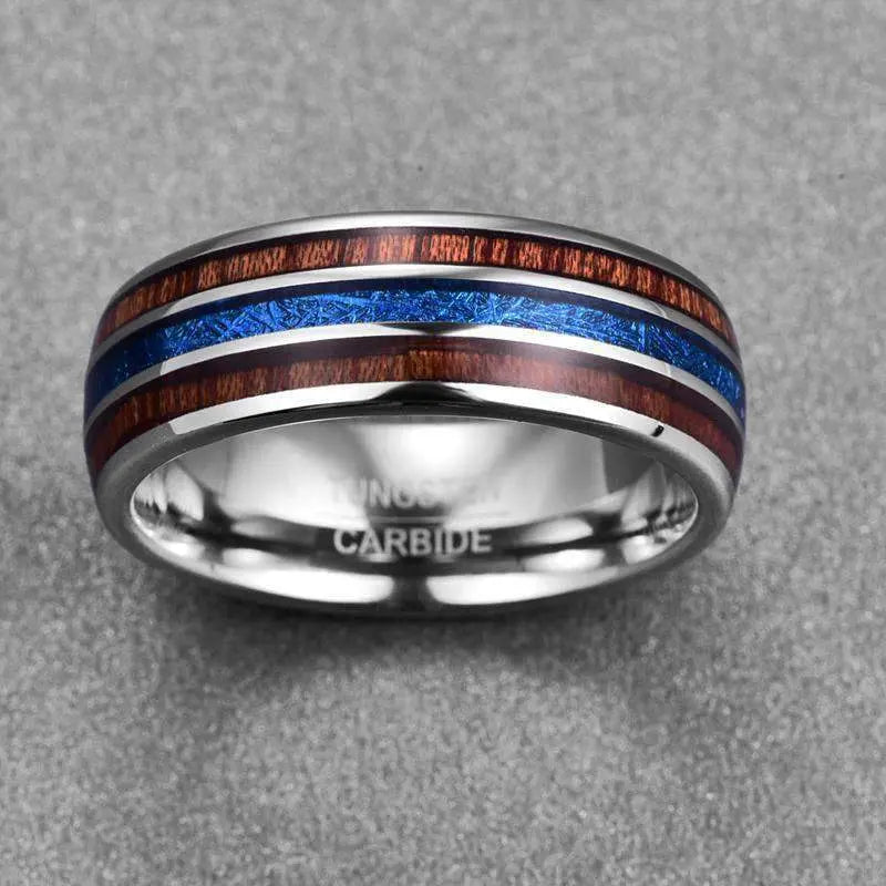 8mm Silver Tungsten Wedding Ring with Wooden and Blue Vermiculite Inlay