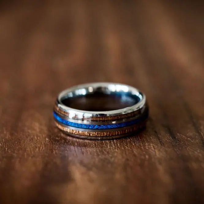 Tungsten Carbide Ring with Wooden and Blue Inlays