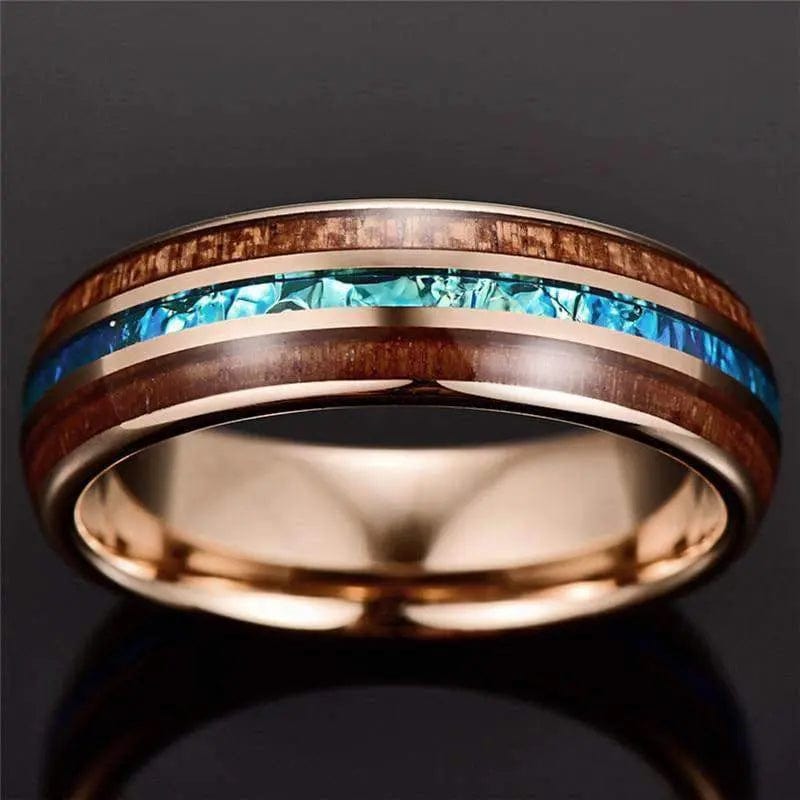 6mm Rosegold Tungsten Wedding Ring with Koa Wood and Crushed Fire Opal Inlay