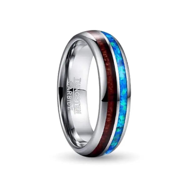 Tungsten carbide ring split with wood and blue