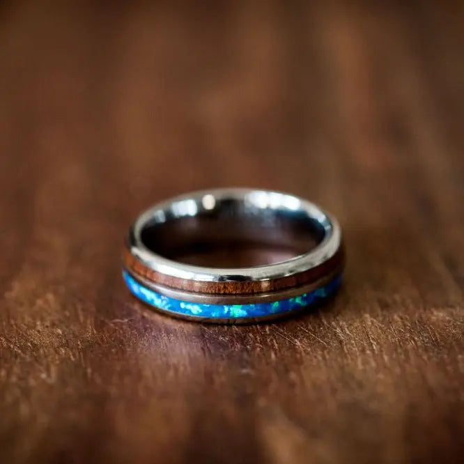 6mm Tungsten Carbide Ring with Wood and Blue Inlays
