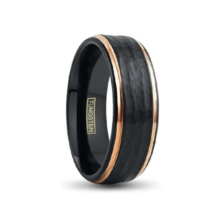 8mm Hammered Black Tungsten Ring, Rosegold Stepped Edges