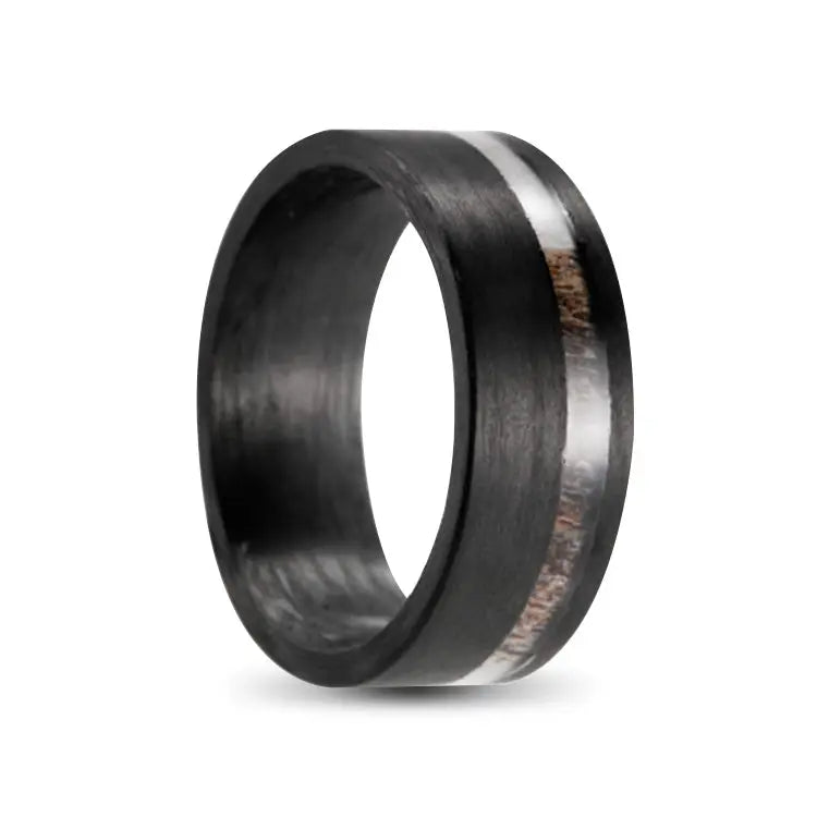 Black Flat Band Brushed Titanium Ring With Offset Antler Inlay