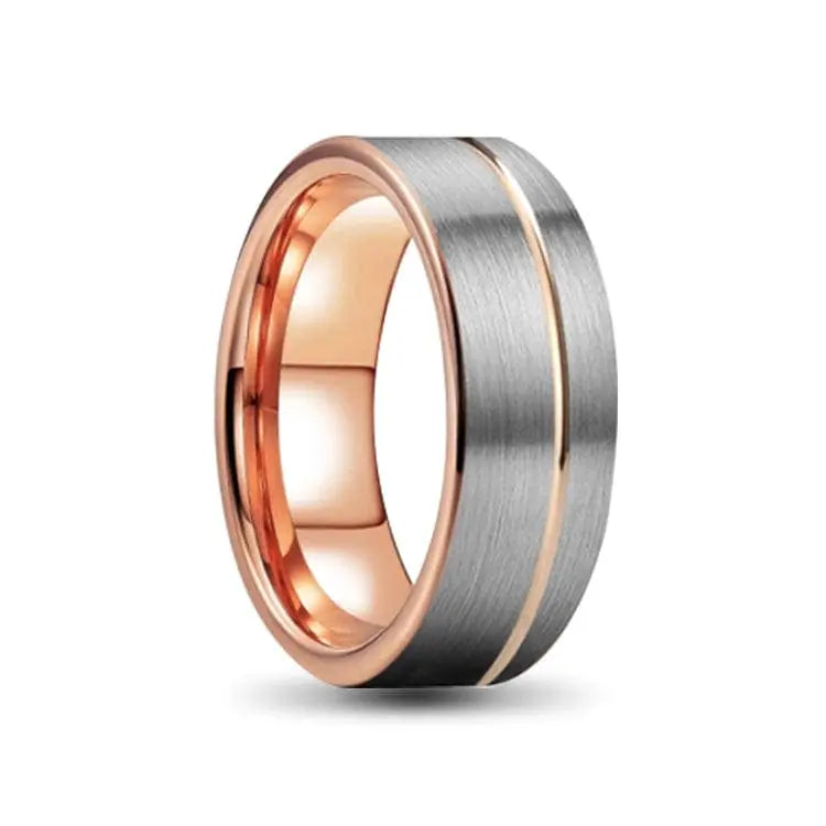 Silver and Rosegold Square Ring with Off Centre Groove