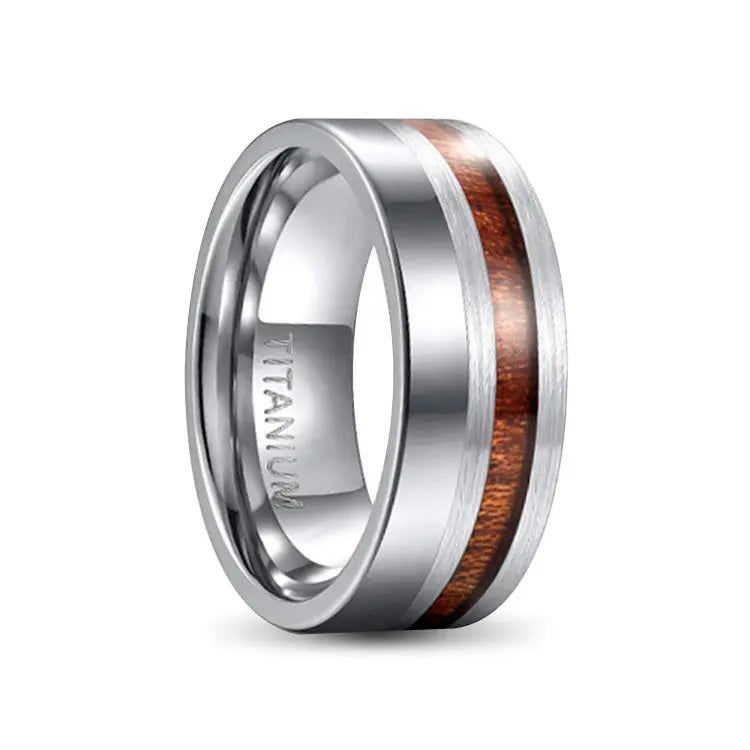 Silver Titanium Ring With Wood Inlay in between Stainless Steel Inlays
