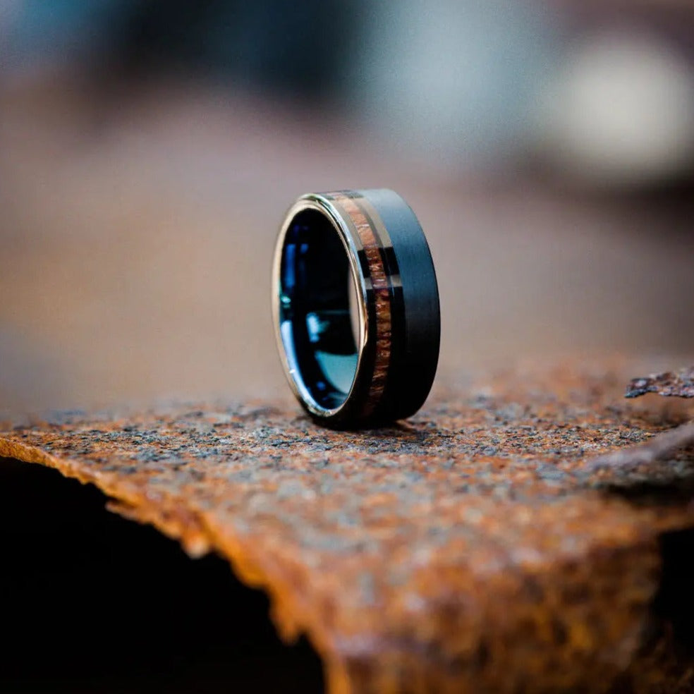 Black Tungsten Carbide Ring with Wooden Inlay and Blue Inner