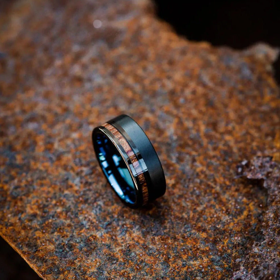 Black Tungsten Carbide Ring with Wooden Inlay and Blue Inner