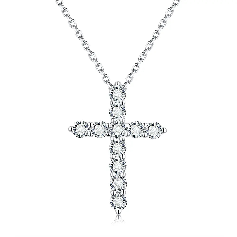 Sterling Silver Necklace With Cross Shape and Filled With Moissanite Stones