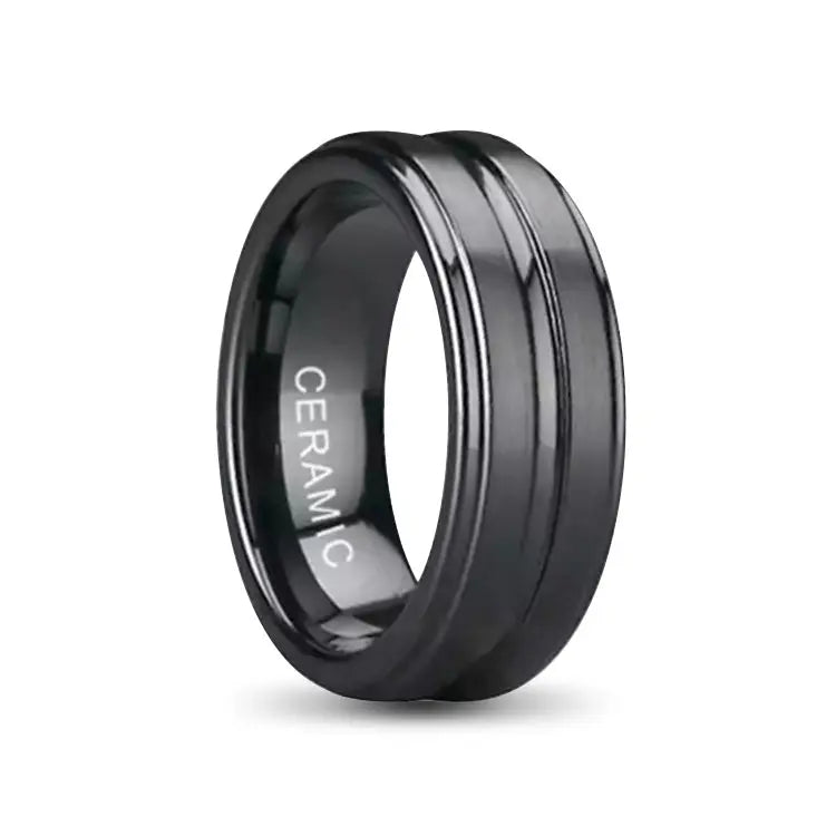 Black Ceramic Ring With Brushed Outer and Groove Inlay
