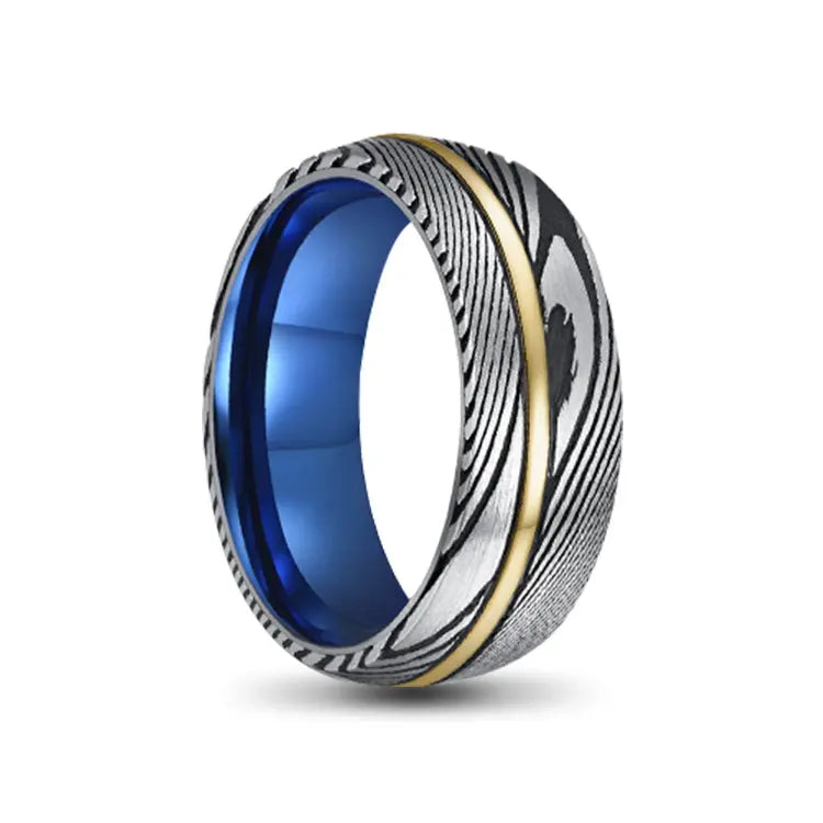 Blue Tungsten Carbide Ring with Damascus Outer and Gold Inlay