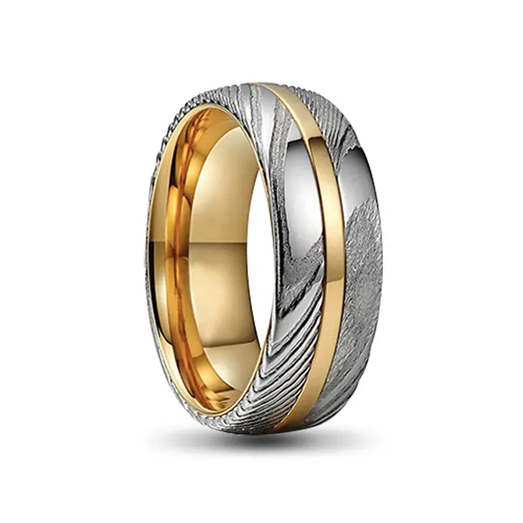 Gold Tungsten Carbide Ring with Damascus Outer and Gold Inlay