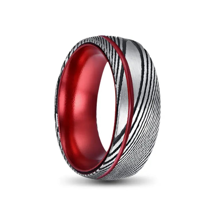Red Tungsten Carbide Ring with Damascus Outer and Red Stripe inlay