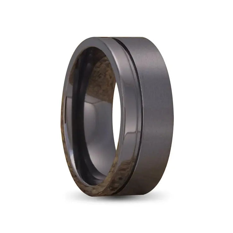 Polished Black Zirconium Ring With Groove Inlay and Brushed Outer Half