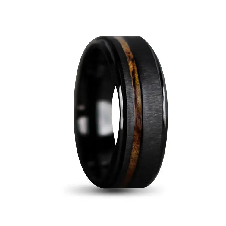 Polished Black Zirconium Ring With Beveled Edges and Brushed Outer With Wood Inlay