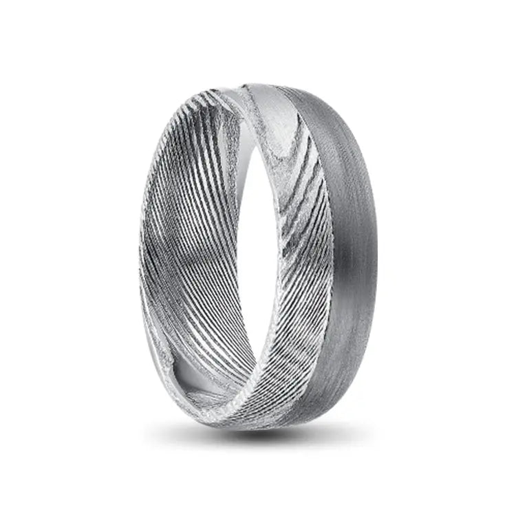 Silver Damascus Steel Ring with Silver Tungsten Carbide Inlay