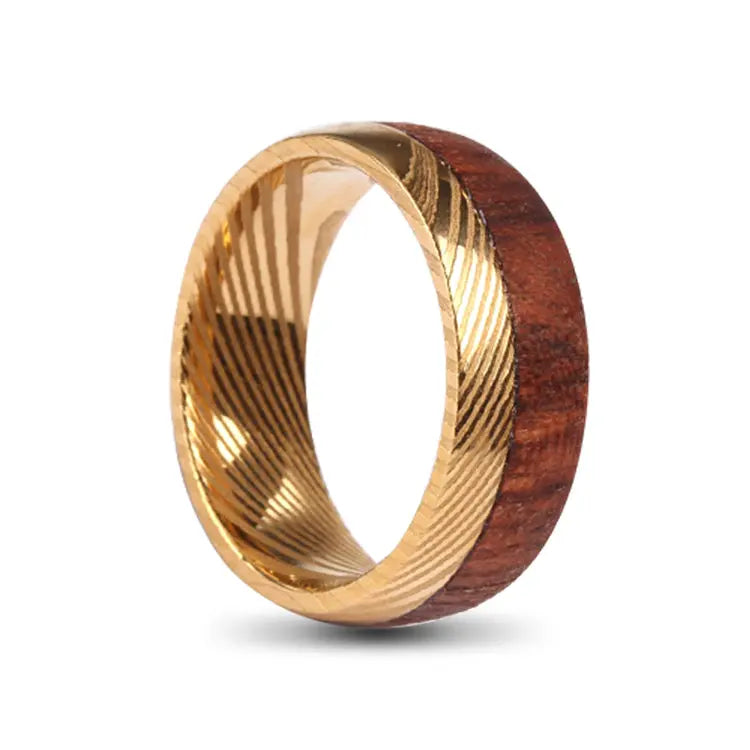 Gold Damascus Steel Ring with Wood Inlay