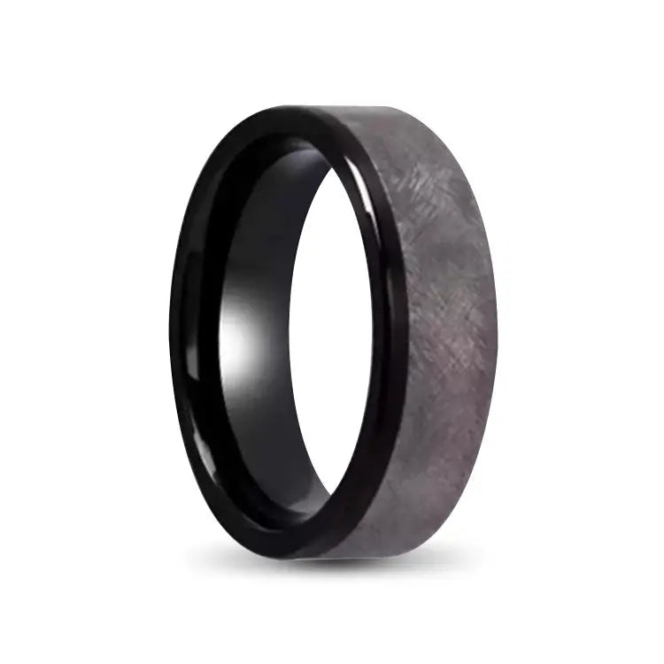 Polished Black Stainless Steel Ring With Brushed Tantalum Inlay