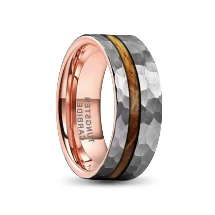 Hammered Silver Tungsten Carbide Ring With Rose Gold Inner and Whiskey Barrel Wood Inlay