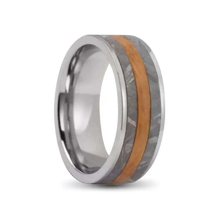 Silver Titanium Ring With Whiskey Barrel and Meteorite Inlay