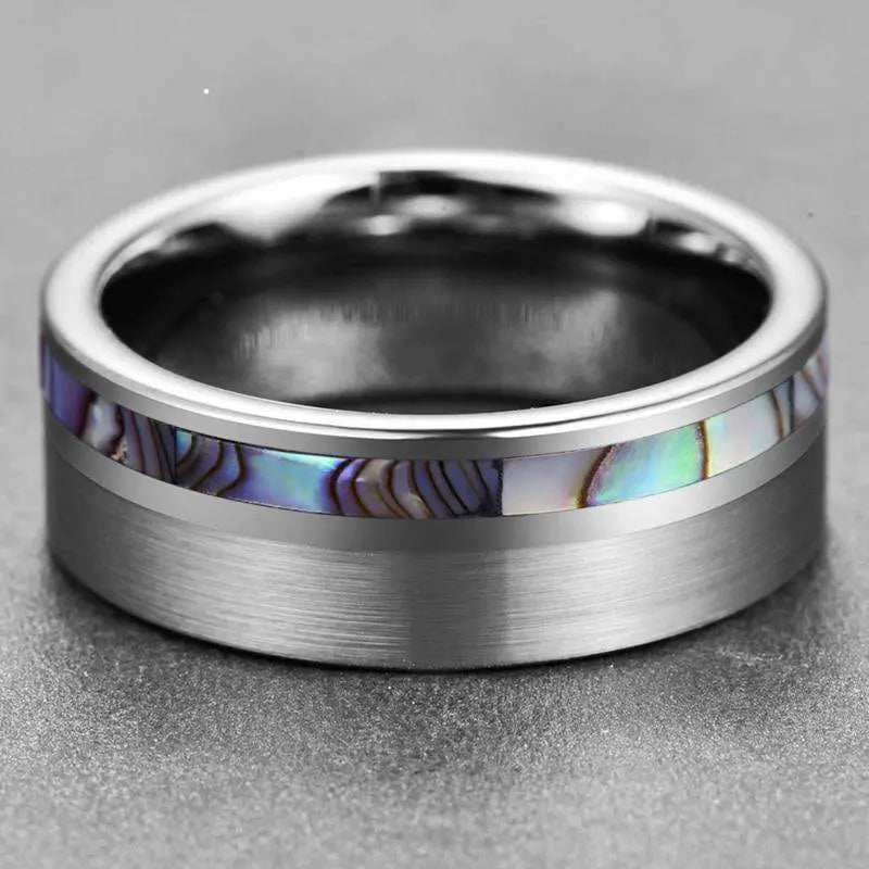 8mm Brushed Silver Pipe Cut Tungsten Wedding Ring with Abalone Shell and Polished Silver Inner