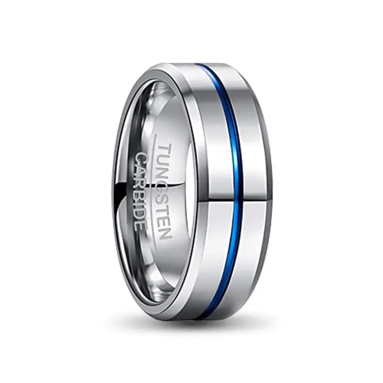 Silver Tungsten Carbide Ring with Blue Inlay