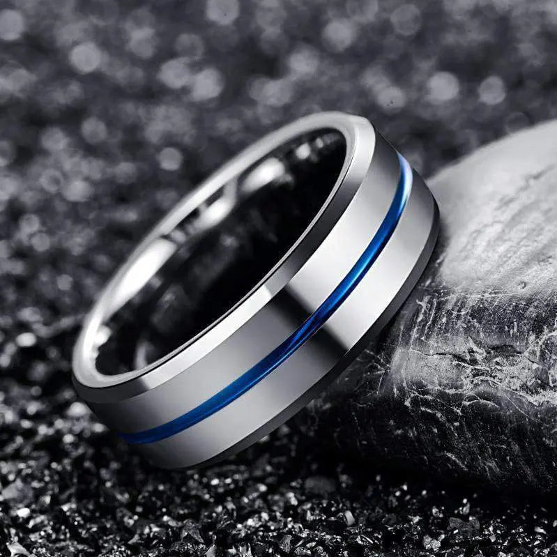 Silver Stream Silver and Blue Tungsten Carbide Ring