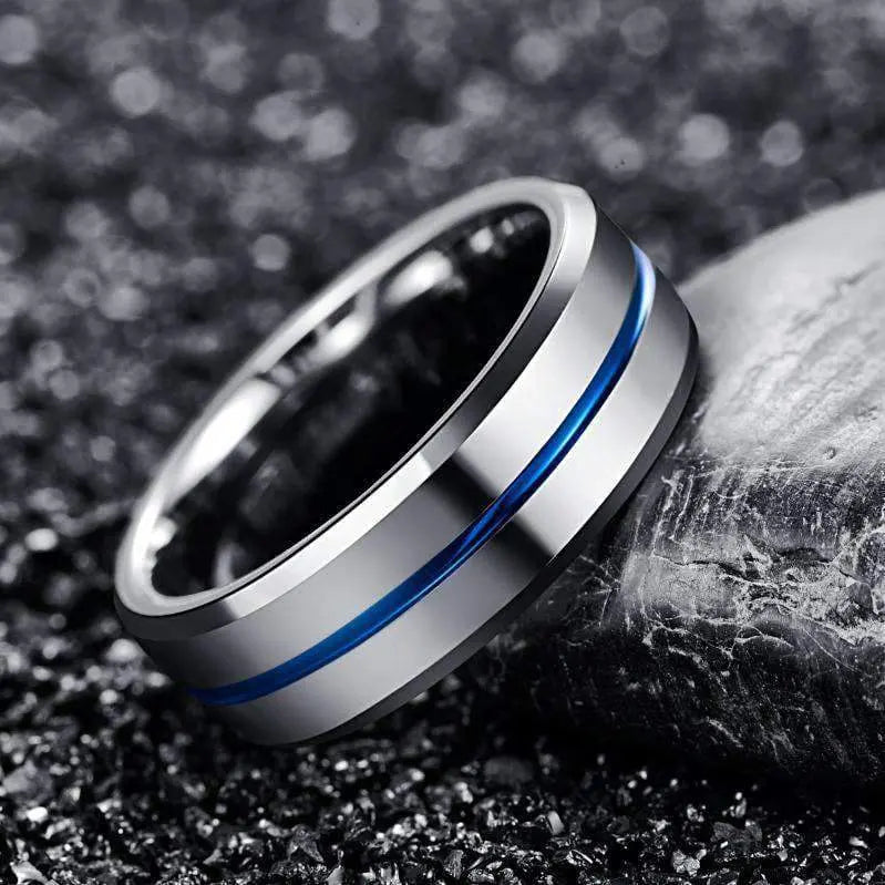 Silver Tungsten Carbide Ring with Blue Inlay