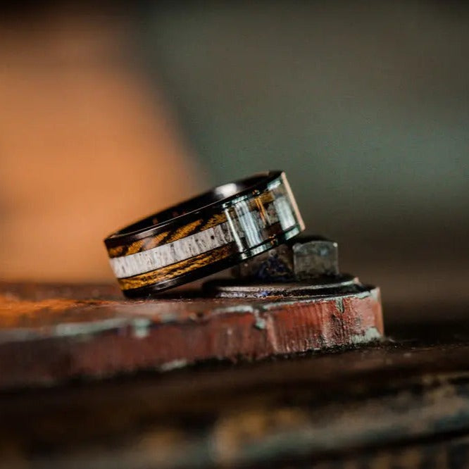Black Tungsten Carbide Ring with Wood and Antler Inlays