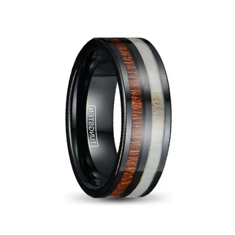 Black Tungsten Ring With Deer Antler and Koa Wood Inlays 8mm