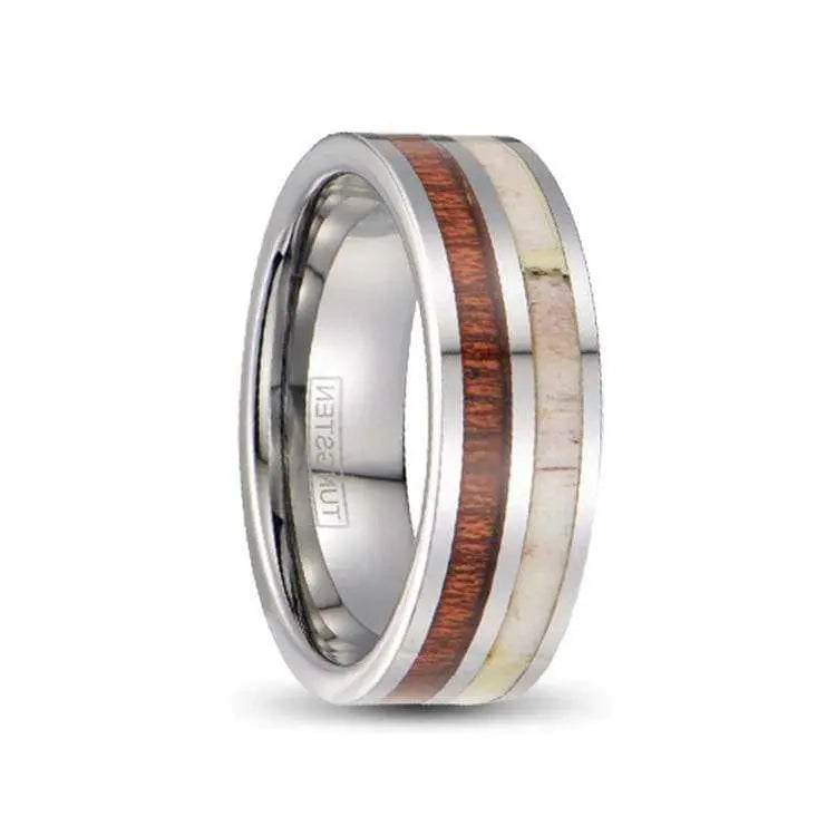 Silver Tungsten Ring with Deer Antler and Koa Wood Inlays 