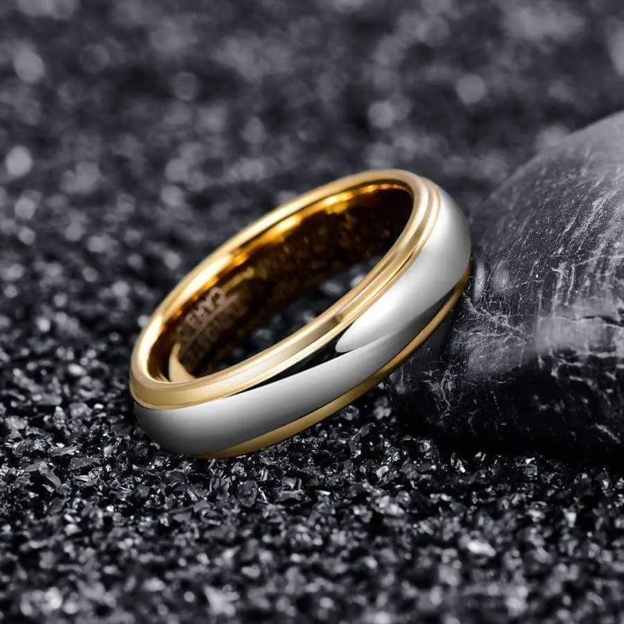 6mm Yellow Gold Tungsten Wedding Ring with Silver Dome