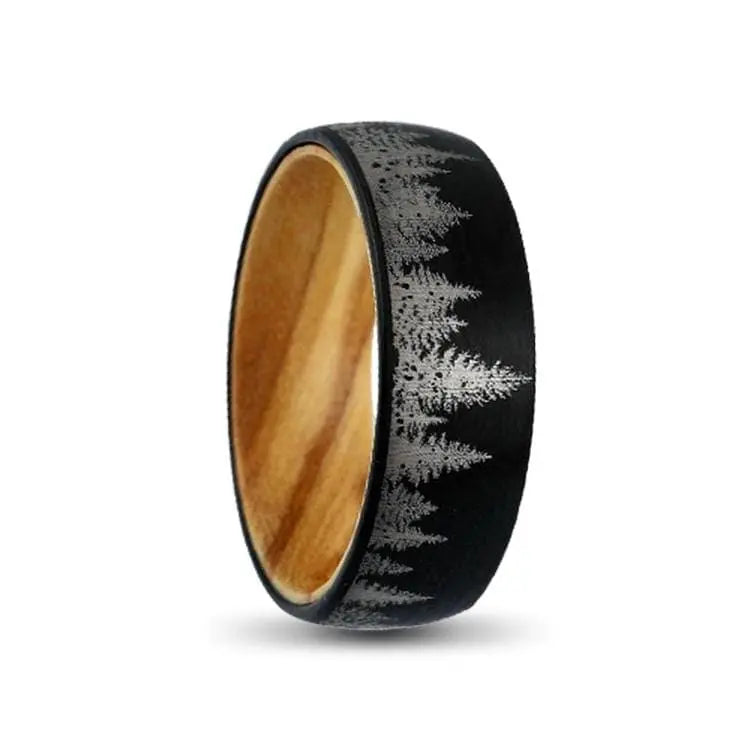 Black Tungsten Ring with Forest Scenery and Olive Wood Inner