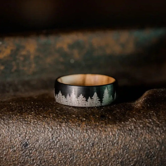 Black Tungsten Carbide with Wooden Inner and Tree Pattern
