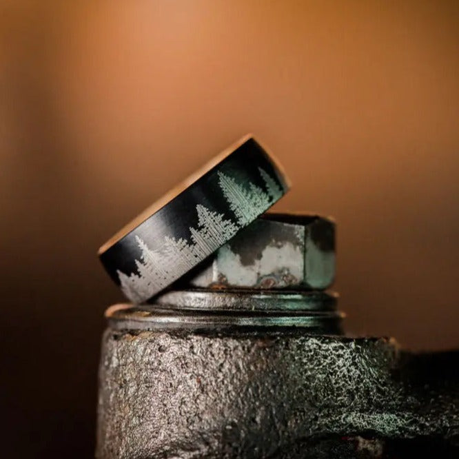 Black Tungsten Carbide with Wooden Inner and Tree Pattern