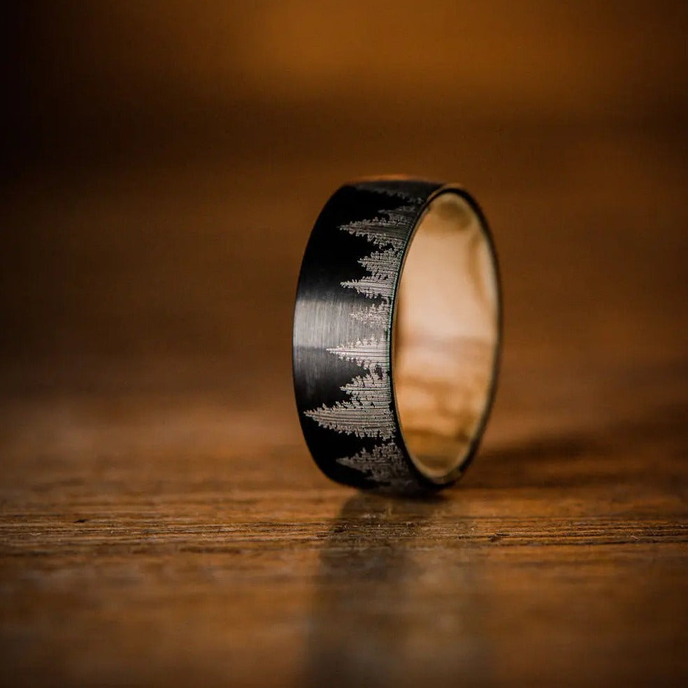 Black Tungsten Carbide with Wooden Inner and Tree Pattern