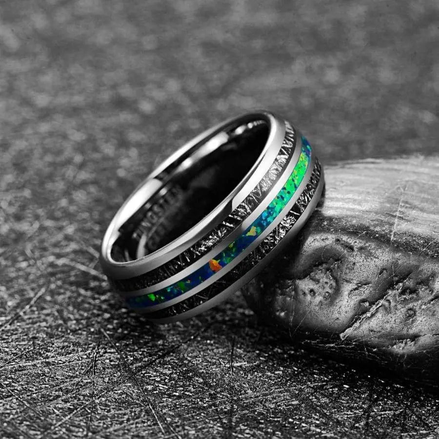 8mm Silver Tungsten Carbide Wedding Ring Imitation Meteorite and Green Synthetic Opal Inlay