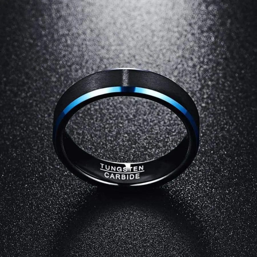 6mm Black Tungsten Wedding Ring with Thin Blue Edging