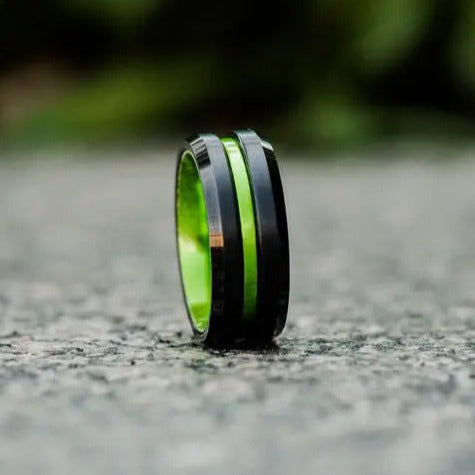 Black with Green Inner and Green Stream Tungsten Carbide Ring