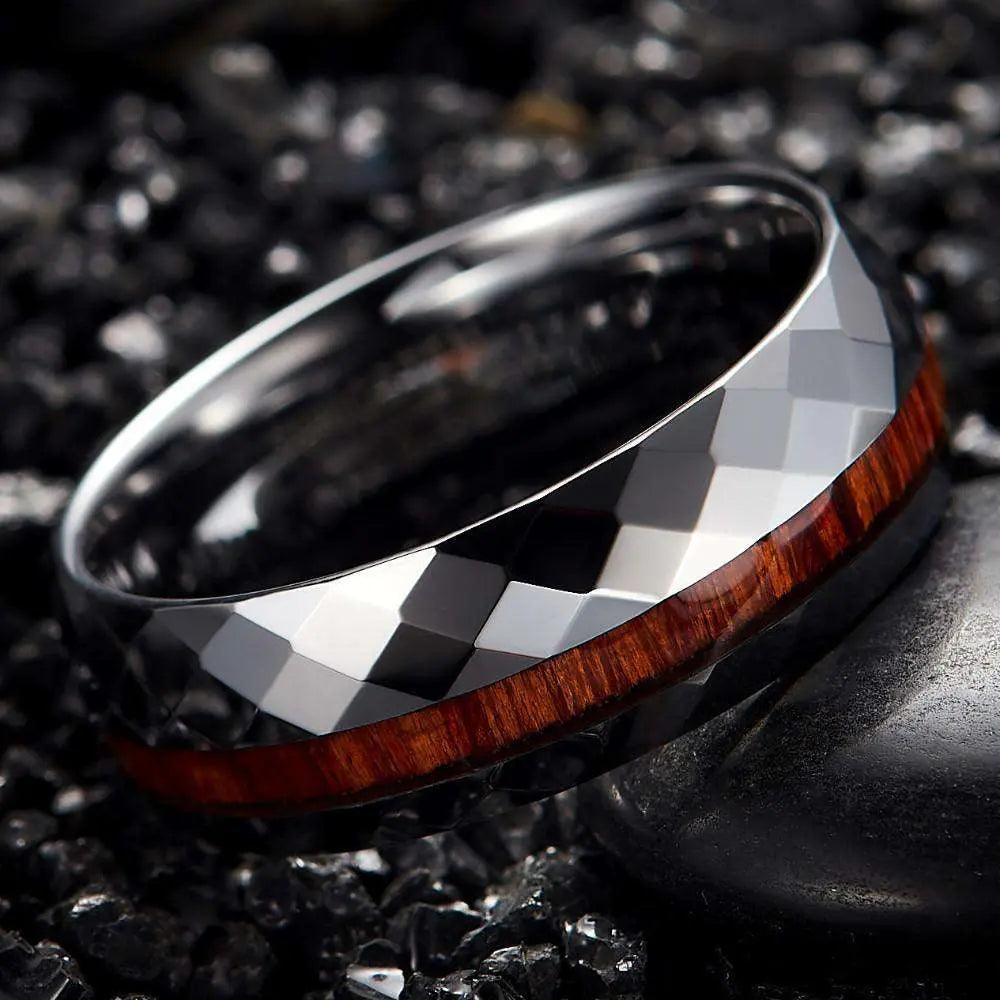 8mm Patterned Silver Tungsten Wedding Ring Wooden Inlay