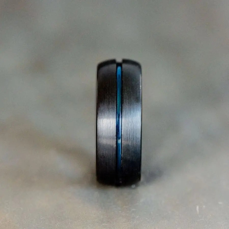 Black Tungsten Carbide Ring With Blue Inlay and Smooth Round Edges