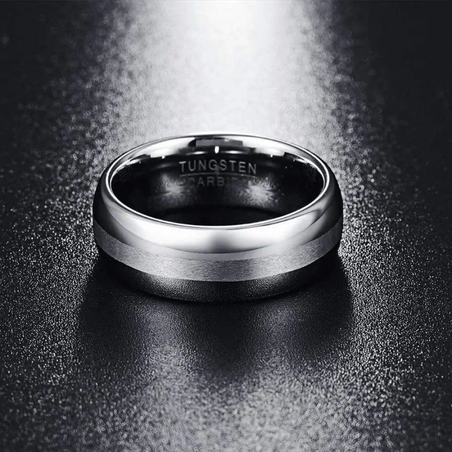 8mm Polished Silver Dome Tungsten Wedding Ring Matte Silver Centee Groove