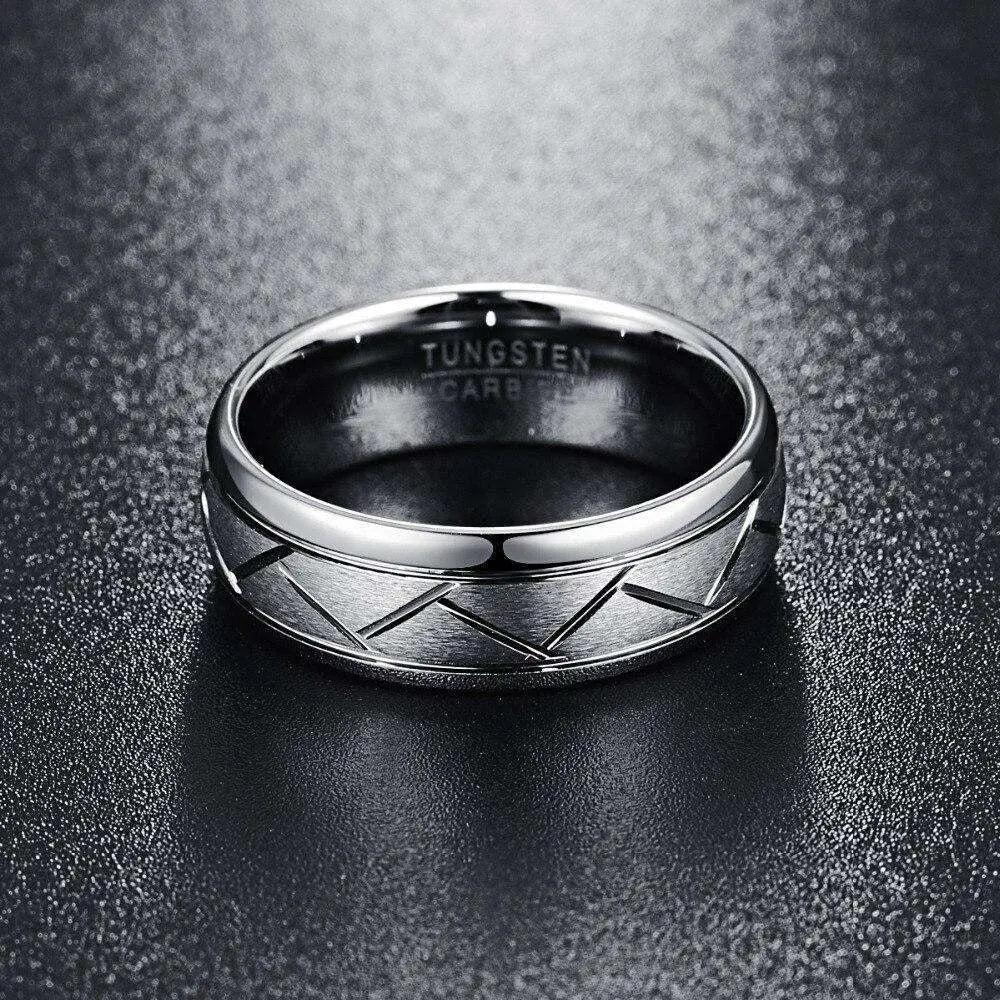 8mm Brushed Silver Grooved Tungsten Wedding Ring Polished Silver Inner and Edging